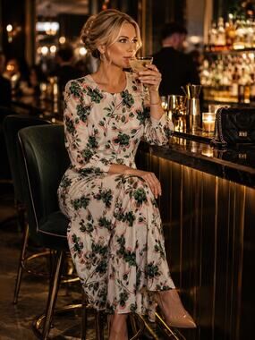 ALEXIA ADMOR Off-White Green Floral Sophie Cinched Waist Flowy Dress size 10